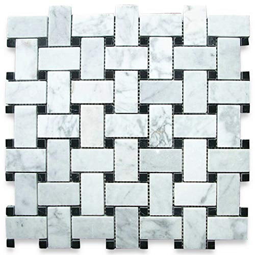 Stone Center Online Carrara White Italian Carrera Marble Plaid Tartan w//Gray /& Black Marble Mosaic Tile Honed Venato Bianco Backsplash Floor Tile